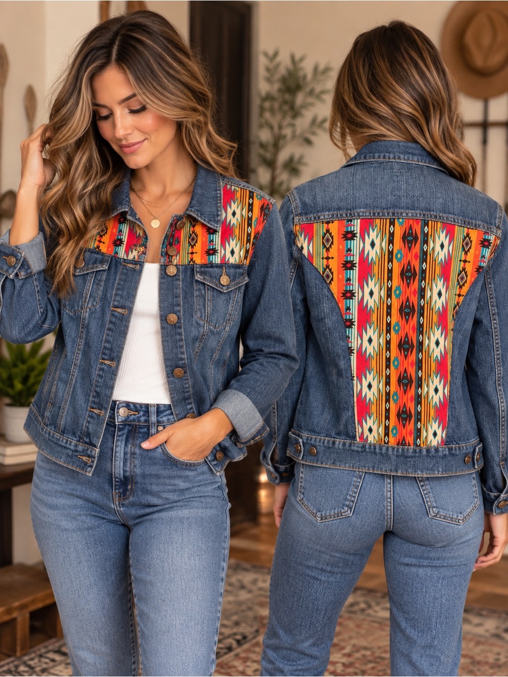 Signature by Levi Strauss Blue Denim Jacket with Southwestern Aztec Panels